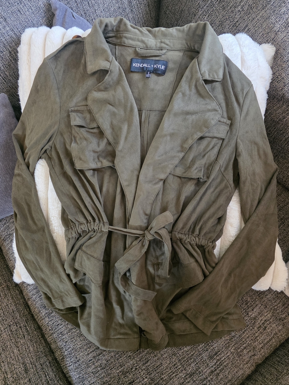 Kendall & Kylie Olive Green Suede Tie-Waist Utility Jacket